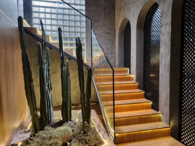 Staircase with concealed lighting and a glass facade